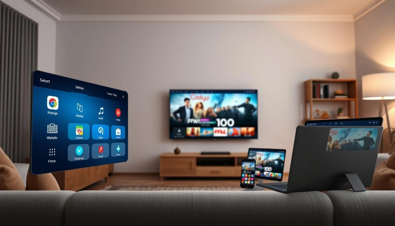 IPTV Smarters Pro 4 Devices setup showing seamless streaming on TV, laptop, tablet, and smartphone.