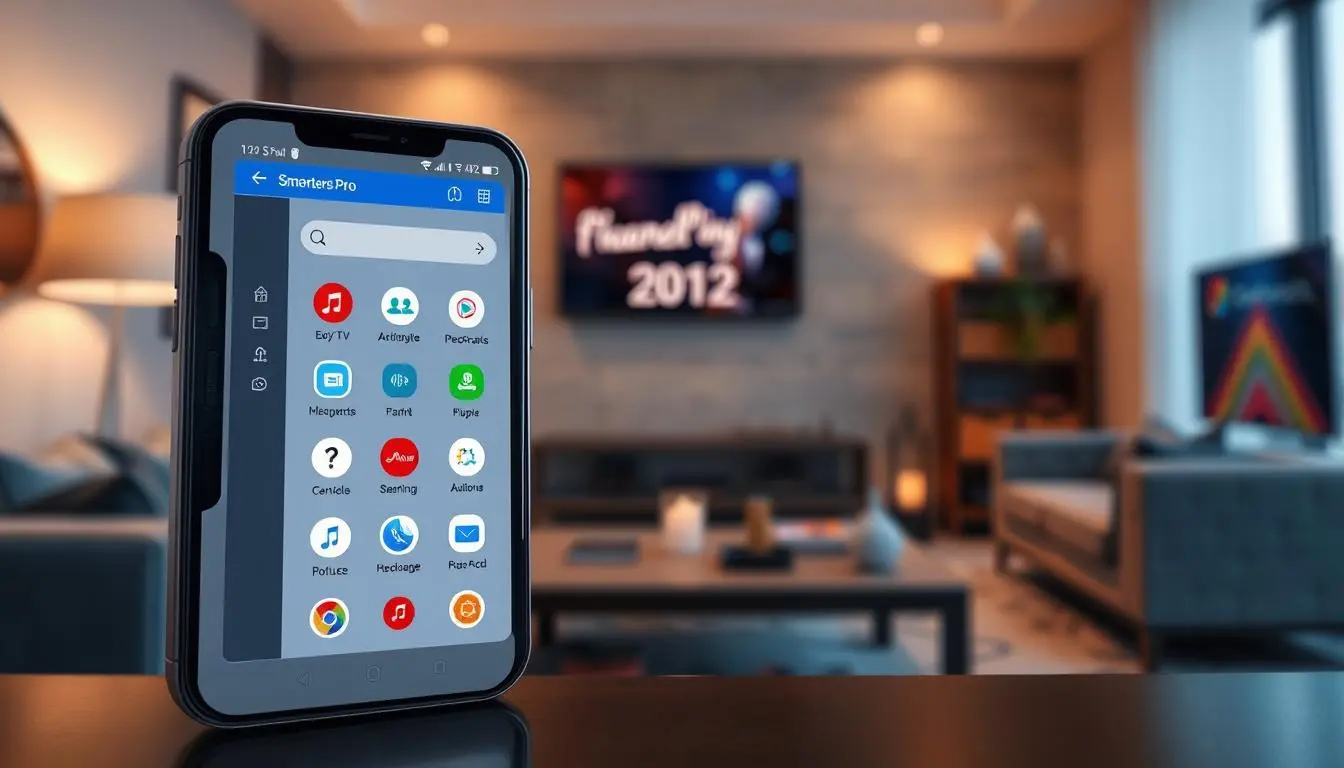 IPTV Smarters Pro App interface displayed on a Smart TV, Android, iOS, Web, Firestick, PC and Mobile showcasing modern streaming features