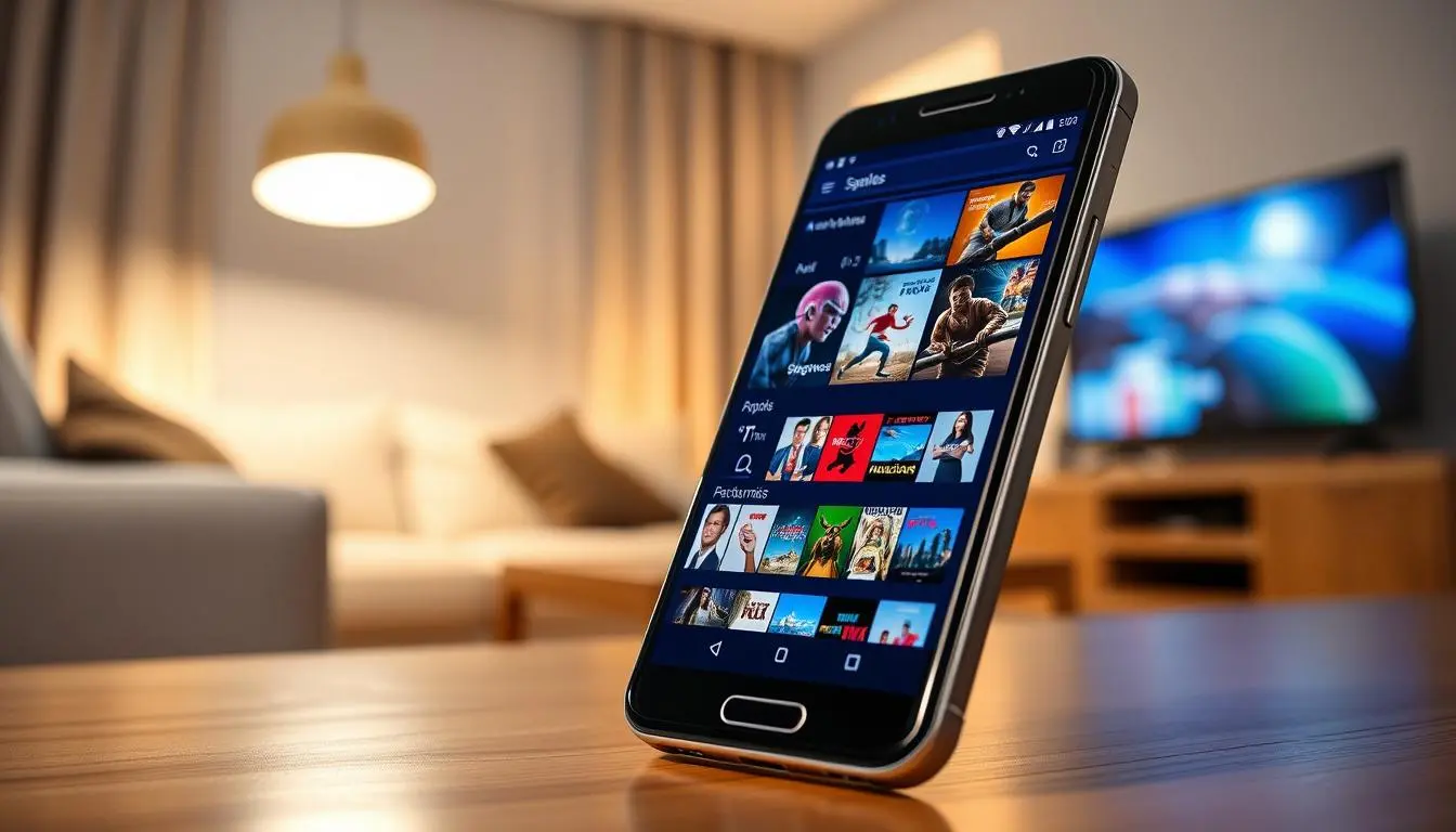 Interface de l’application IPTV Smarters Pro affichée sur un smartphone, illustrant le téléchargement de l’APK pour accéder à des milliers de chaînes TV.